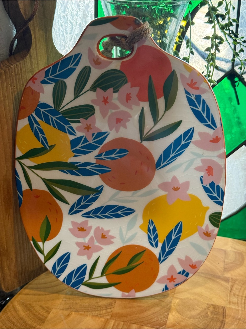 Colorful Citrus Floral Earthenware Serving Board with Rope Handle